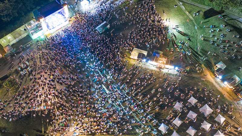 Aerial view of large crowds attending a concert