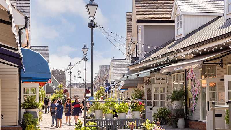 Shoppers walking through an outlet village